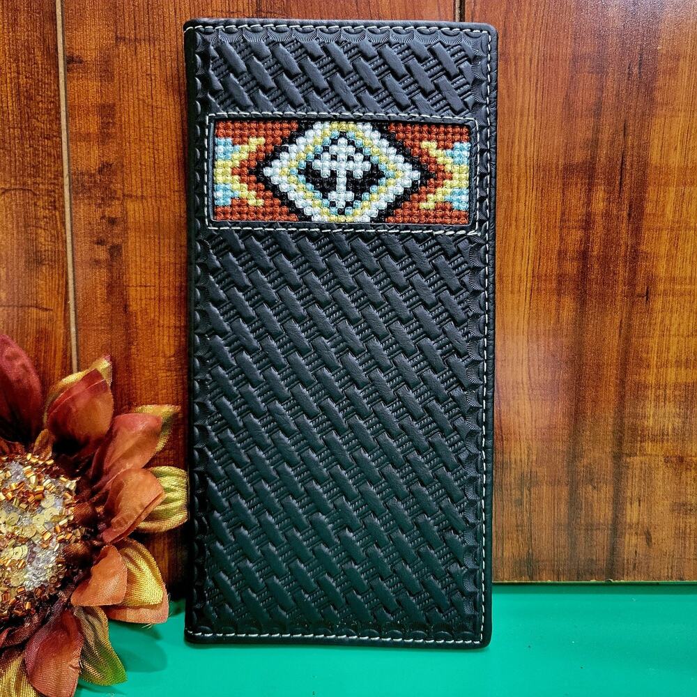 Western Wallet Cross Aztec Pattern Genuine Leather bifold Checkbook Basketweave
